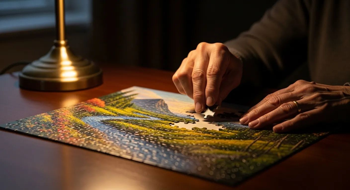 Close-up of a senior's hands completing a jigsaw puzzle on a table under the warm, soft light of an evening lamp.