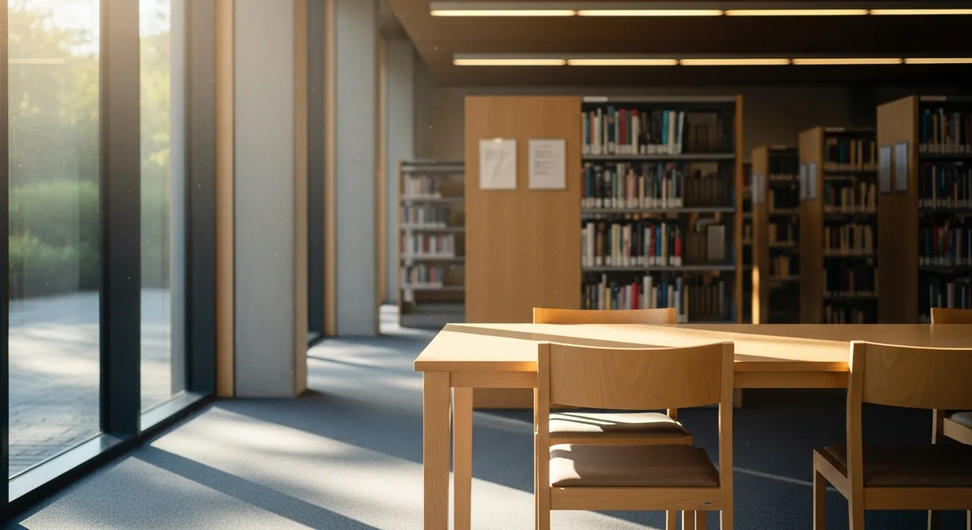 A bright, empty reading area in a contemporary library, with a table, chairs, and bookshelves visible in the background.