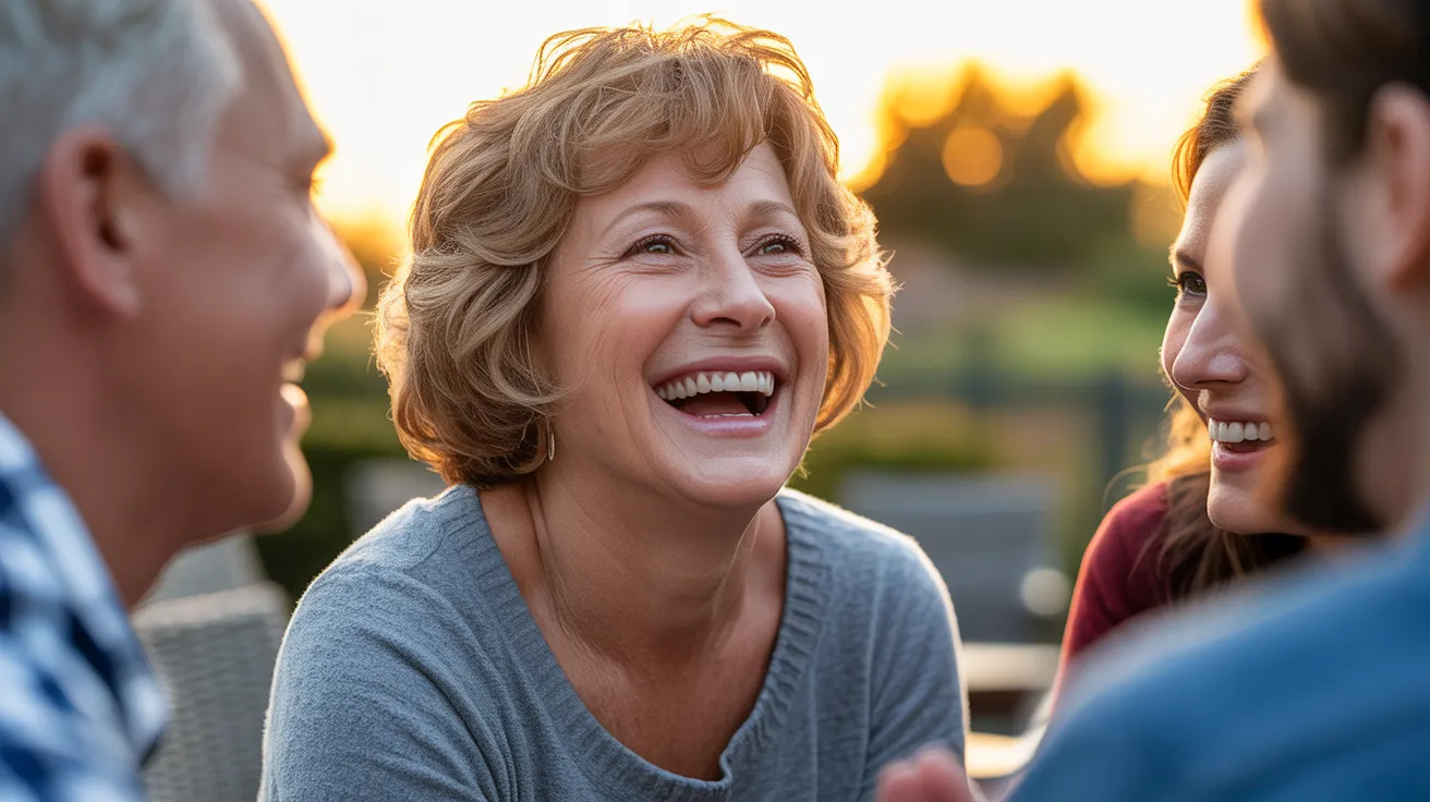 A close-up of an older woman's happy face, lit by golden hour sun, as she enjoys a moment with friends.