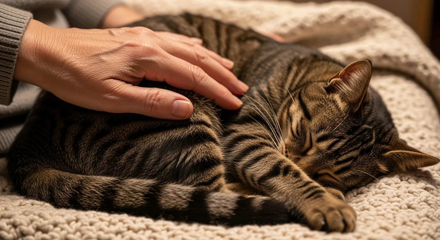 A close-up shot of a senior's hand softly petting a sleeping cat on a cozy blanket under the warm glow of an evening lamp.