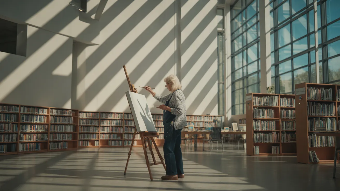 A senior paints at an easel in a sun-drenched, modern library, with vast rows of bookshelves visible in an ultra-wide composition.