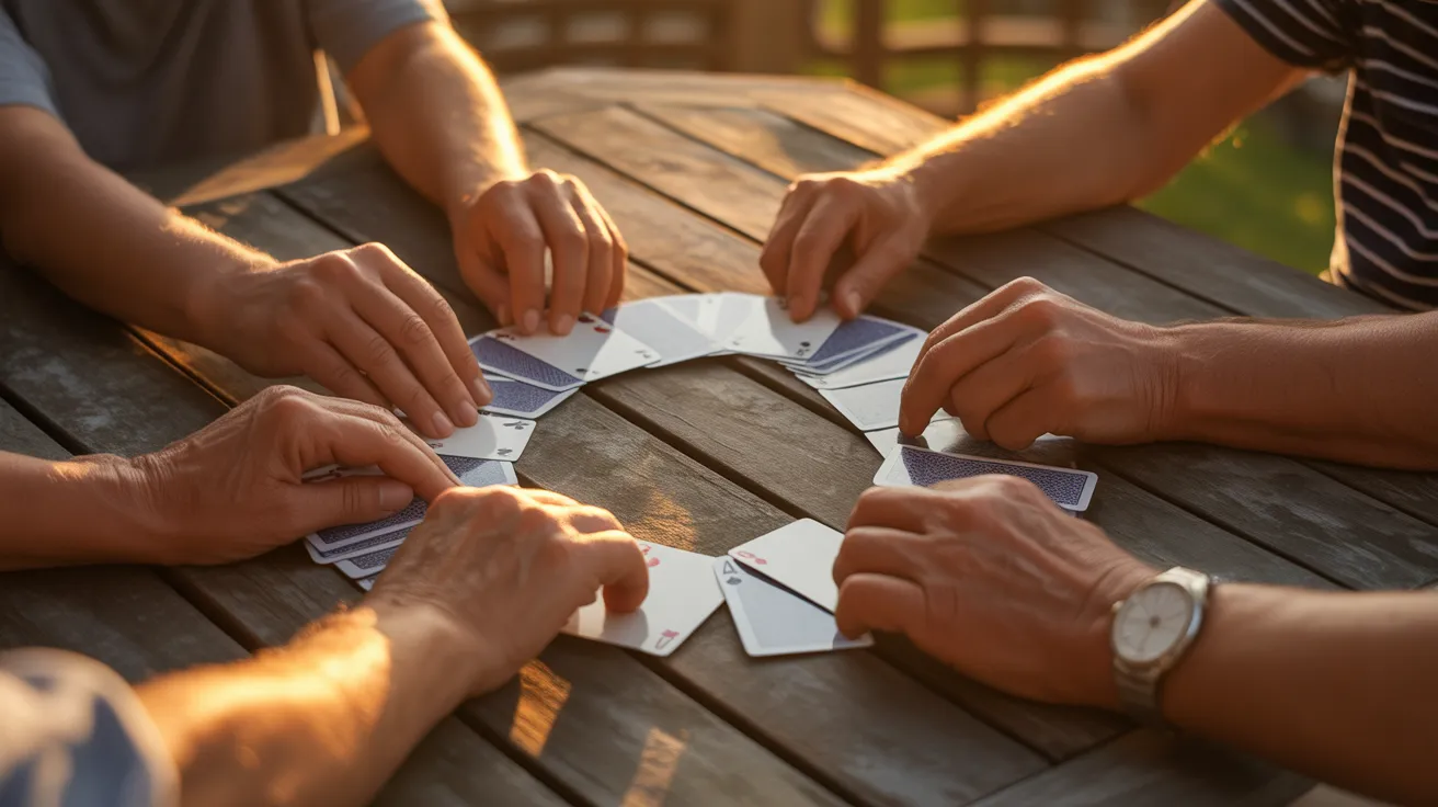 A close-up of several seniors' hands holding playing cards around a patio table, illuminated by the warm light of a sunset.