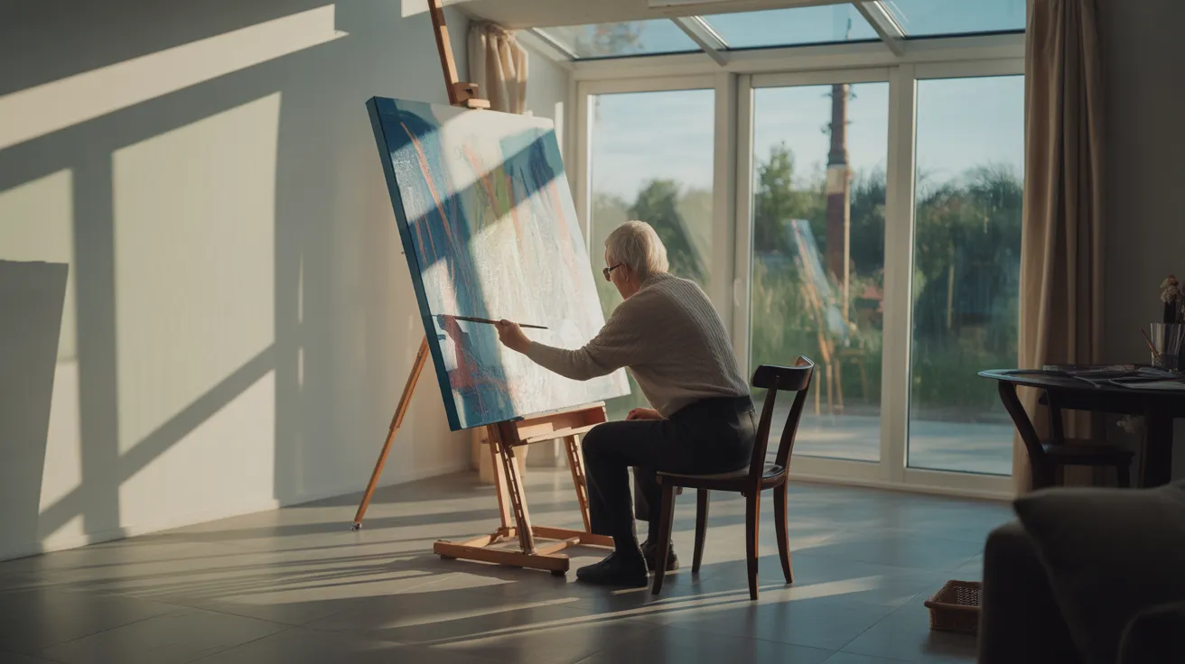 An ultra-wide view of a senior artist concentrating on their painting in a sun-drenched room, their creative corner set within a larger home.