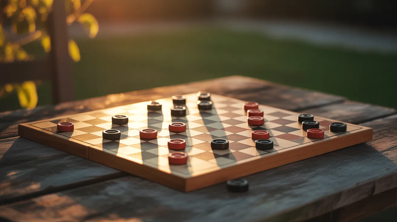 A checkerboard with pieces mid-game sits on a wooden outdoor table during a warm sunset, with long shadows stretching across the board.