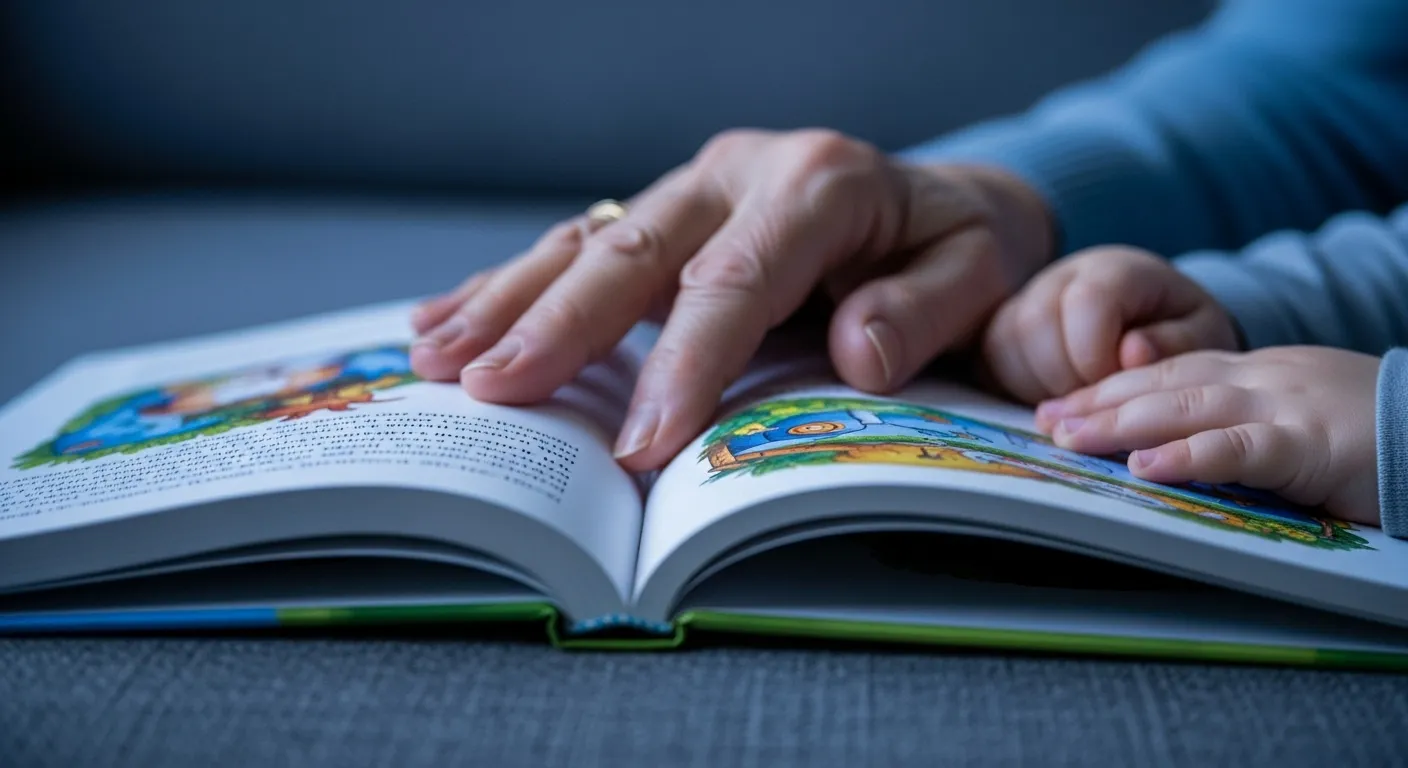 A macro photo of an open children's book, with the soft-focus hands of an older person and a young child visible at the edge of the frame.