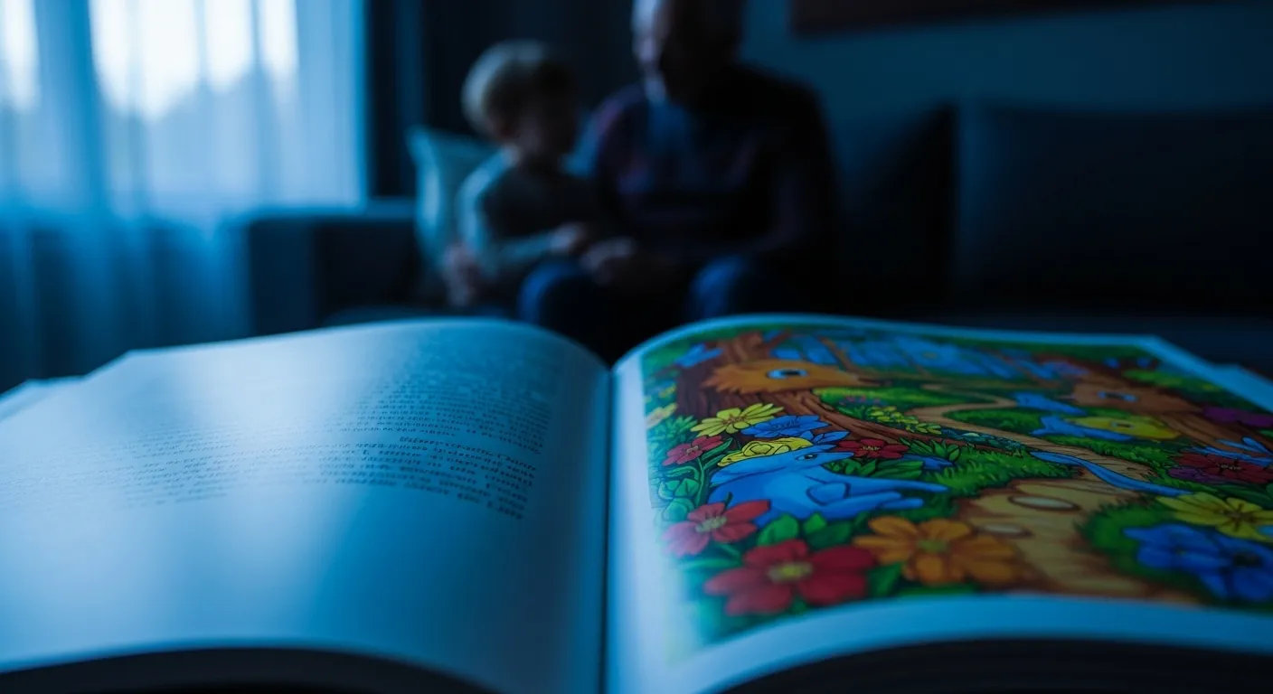 A macro photo of an illustrated storybook page, with the blurred shapes of a grandparent and child reading together at dusk.