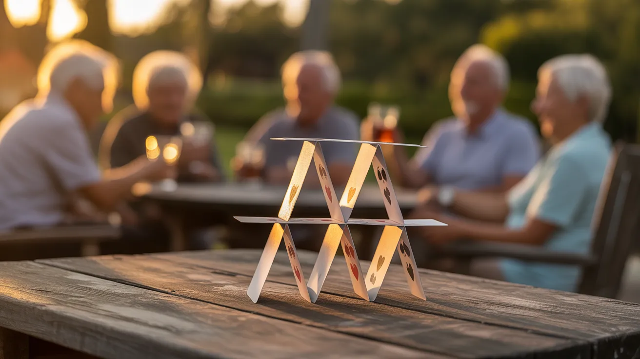 A house of cards on a patio table at sunset, with the blurred shapes of people socializing happily in the background.