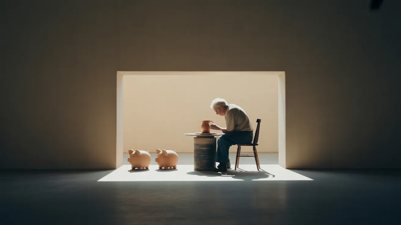 An ultra-wide view of a sunlit pottery studio. A senior works at a wheel inside a sharp patch of sunlight, while two piggy banks sit in the shadows.