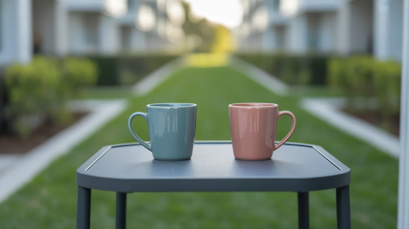 Two coffee mugs on a small patio table on a modern balcony overlooking a peaceful, shared community space in the morning.