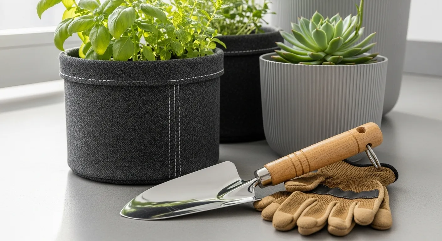 A collection of lightweight, modern planters and accessible gardening tools sit on a tidy balcony in the morning.