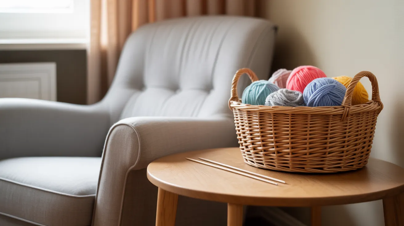 A cozy crafting nook with a comfortable chair next to a small table holding a basket of yarn and knitting supplies, lit by soft daylight.