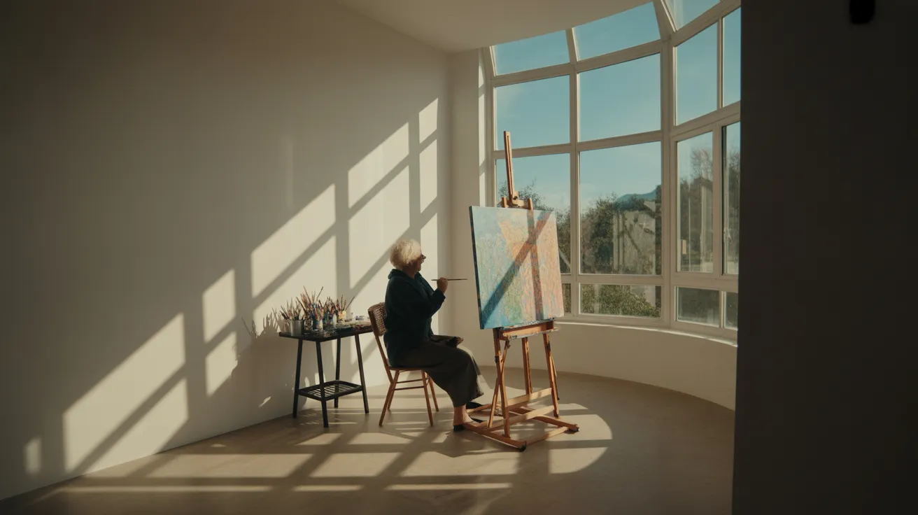 An older woman sits painting a vibrant canvas on an easel in a room flooded with harsh midday sunlight from a large window.