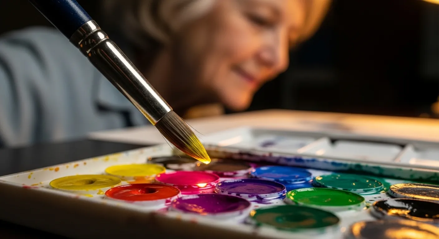 Close-up of a paintbrush on a watercolor palette, warmly lit. The soft, out-of-focus profile of a senior painter is in the background.