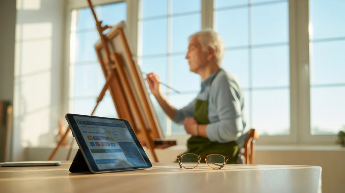 A senior paints at an easel in a sun-drenched studio. A tablet with a blurred screen and reading glasses sit on a table in the foreground.