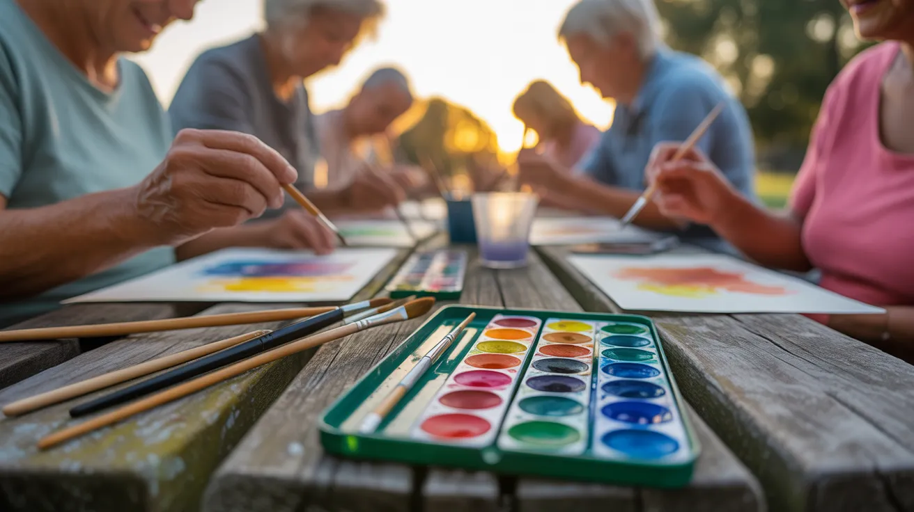 A close-up of a watercolor paint set on a wooden table, with a group of seniors painting in the blurry background at sunset.