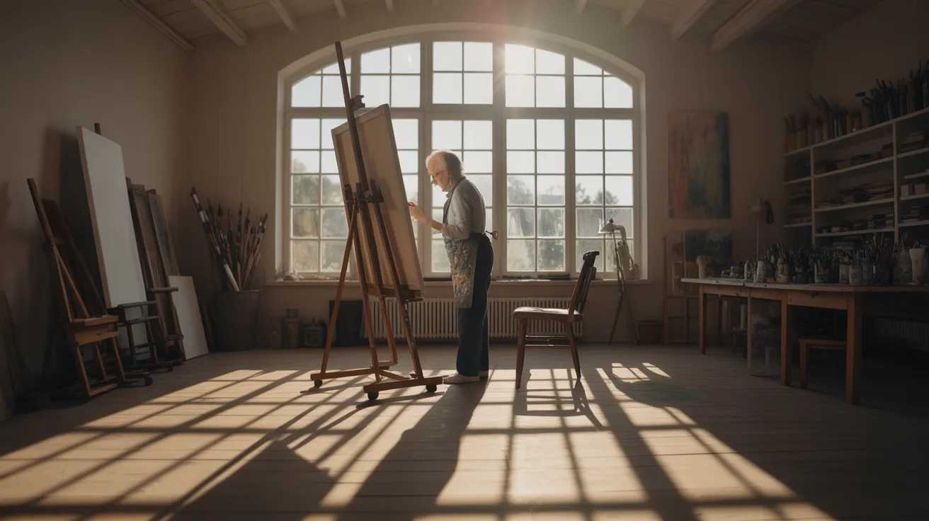 A senior painter at an easel in a large, bright studio. Strong sunlight from a window creates sharp shadows across the room.