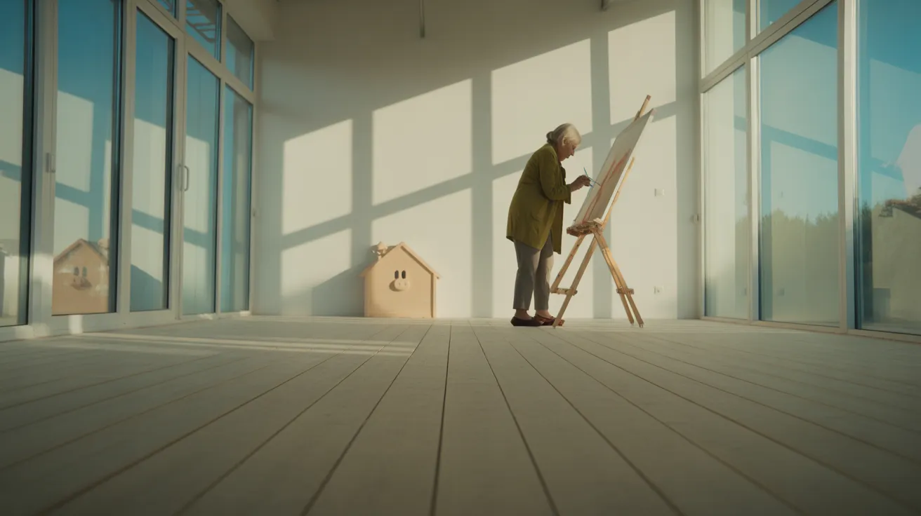 An ultra-wide view of a sun-drenched art studio where a senior woman is painting. Harsh midday light creates long shadows on the floor.