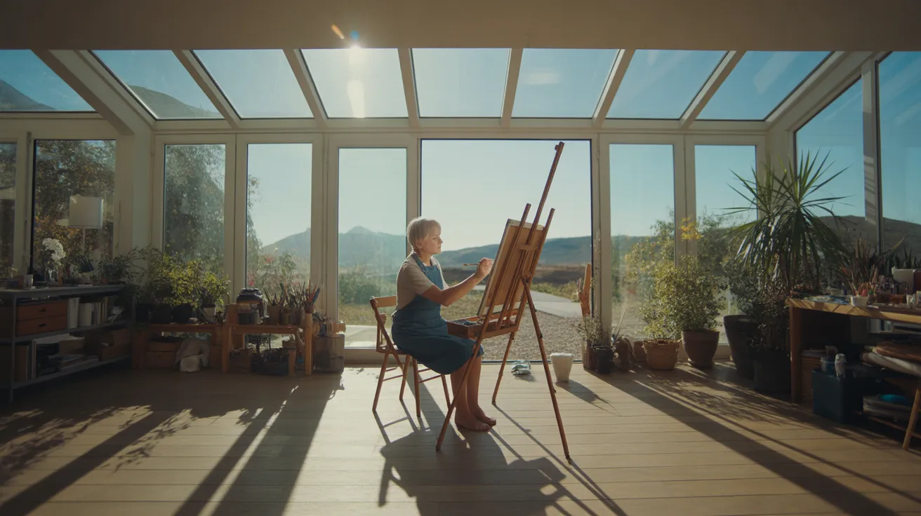 A senior woman paints at an easel in a spacious, sunlit room. The ultra-wide view shows her creative environment under bright, harsh sunlight.