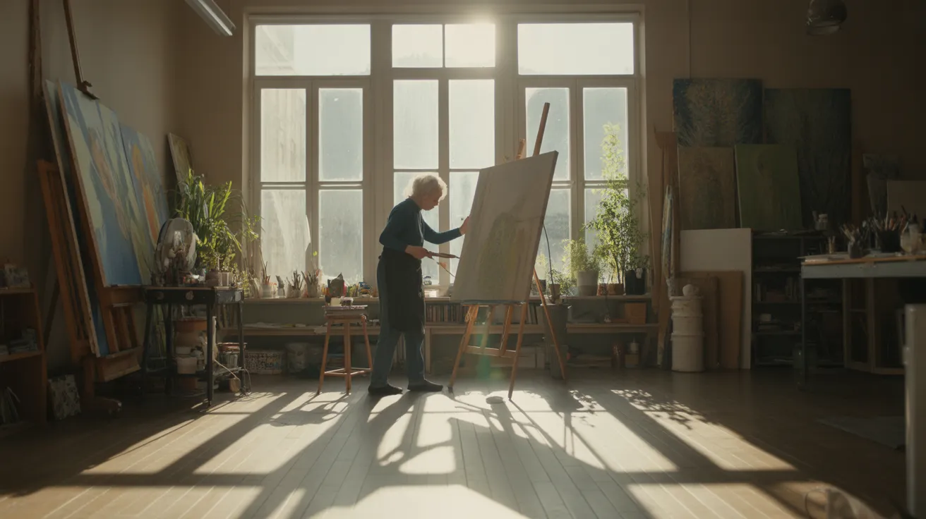 A sun-drenched art studio. A senior is painting at an easel in the center of the room, surrounded by art supplies and canvases.