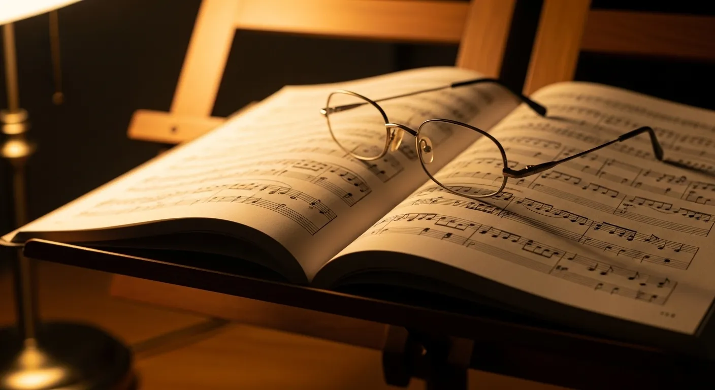 A detail shot of a sheet music book and reading glasses on a stand, lit by a warm lamp.