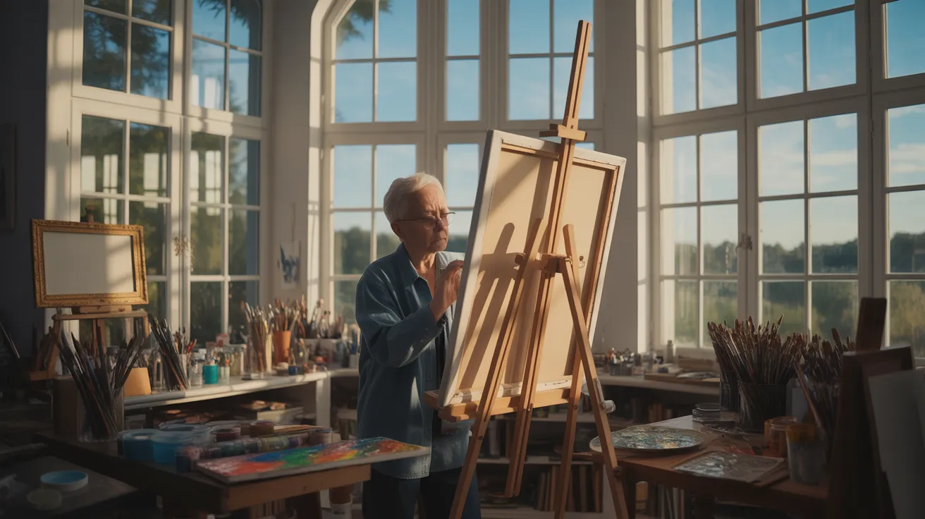 An artist in their sunlit studio, seen from a distance. They are painting at an easel, surrounded by supplies, with harsh sunlight creating strong sha