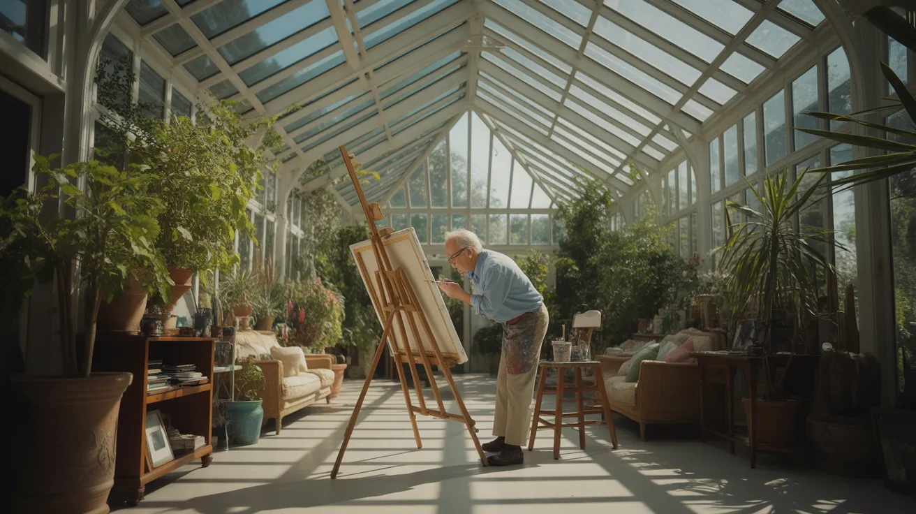 A senior stands at an easel, painting in a sunroom filled with plants. Strong sunlight creates sharp shadows across the floor.