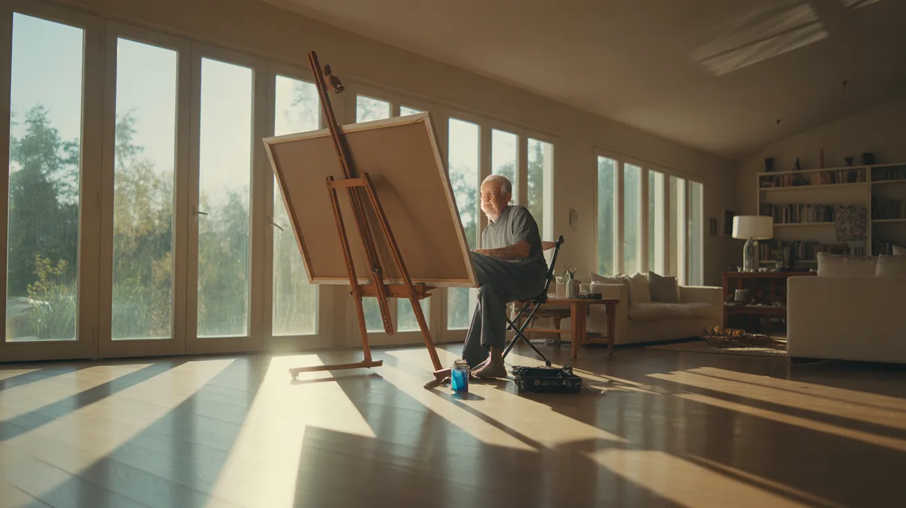 An ultra-wide view of a sunlit room where a senior stands at an easel, painting. Strong sunlight creates long shadows on the floor.
