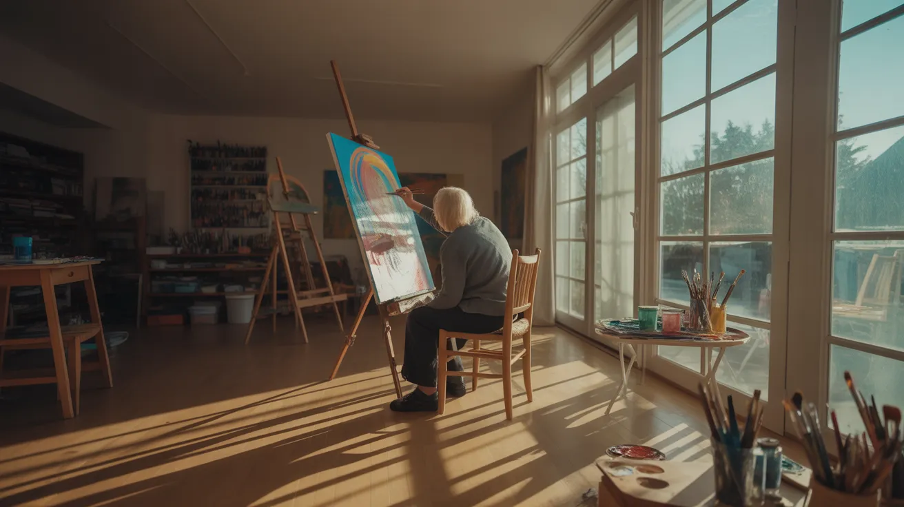 A senior stands painting at an easel in a bright home studio, with harsh sunlight creating strong shadows across the room.