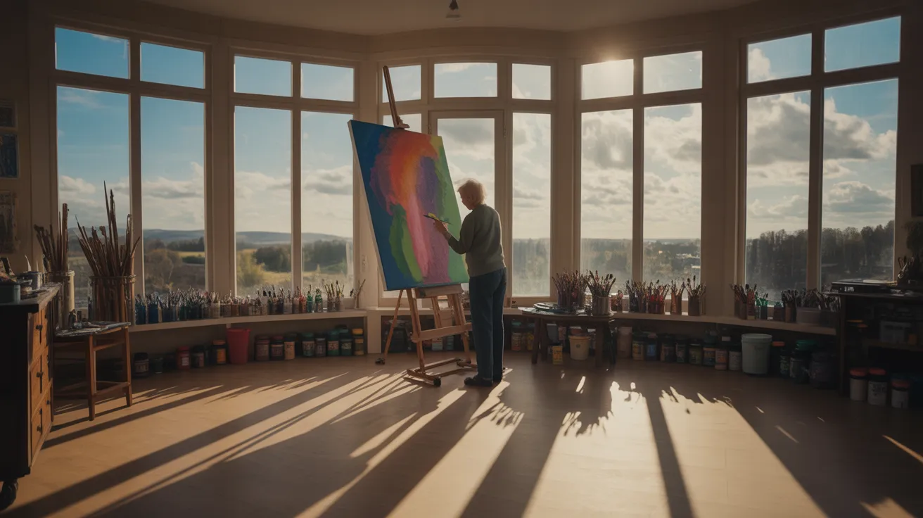 An ultra-wide view of a bright, sun-drenched art studio where a senior is focused on painting at an easel.