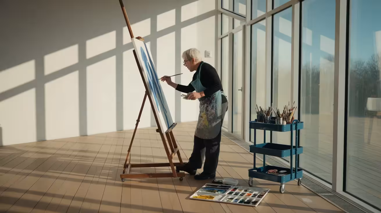 An elderly person is absorbed in painting a large canvas in a sun-drenched studio. The ultra-wide view shows the entire room and harsh shadows.