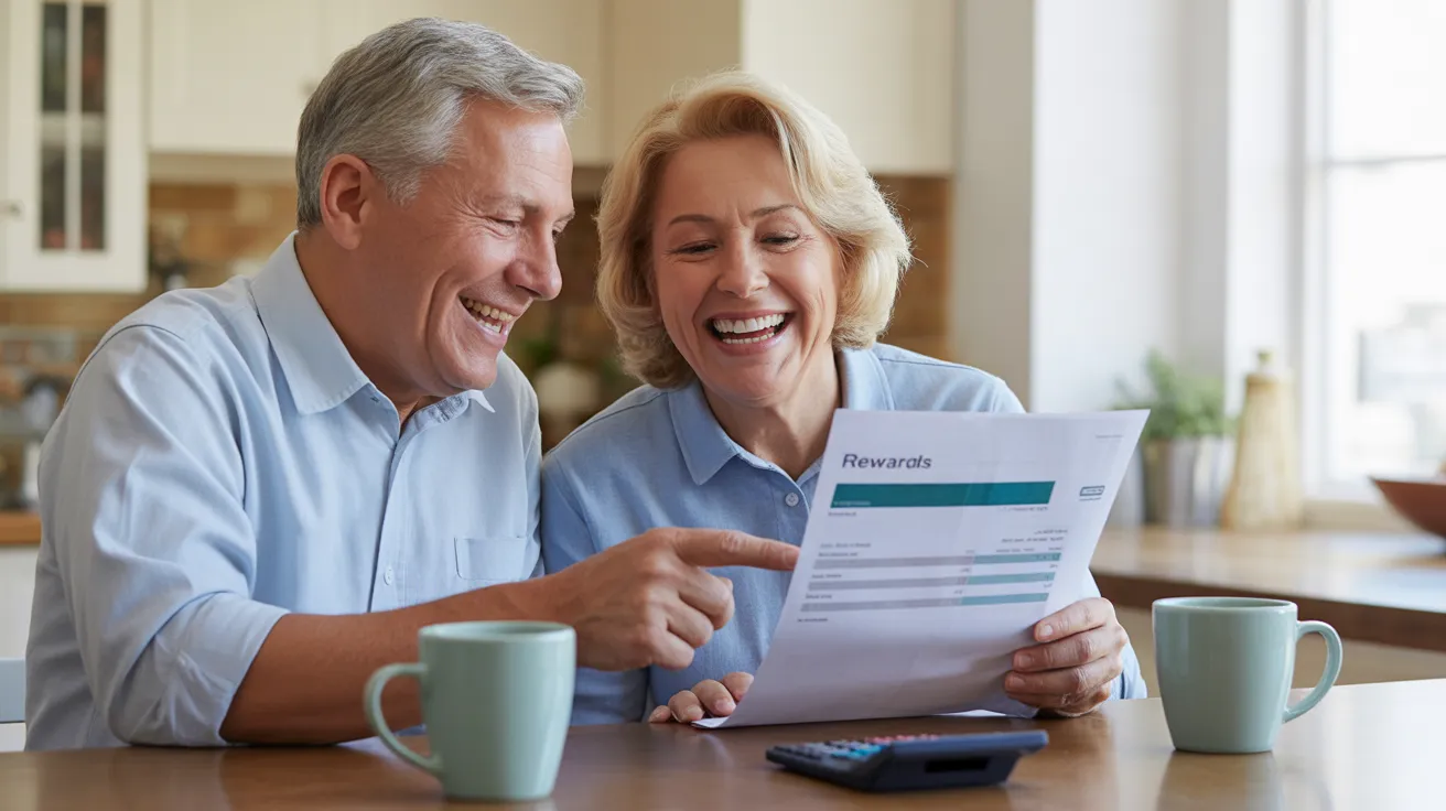 An elderly man and woman smile while looking at a blurred financial statement at their kitchen table, with coffee mugs and a calculator nearby.