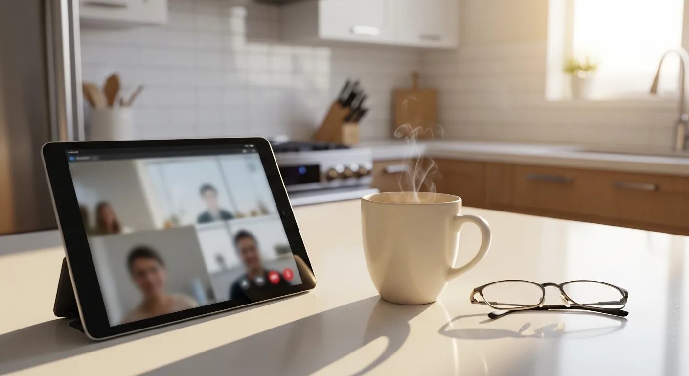 A tablet showing a video call next to a teacup and reading glasses on a kitchen counter in warm afternoon light.