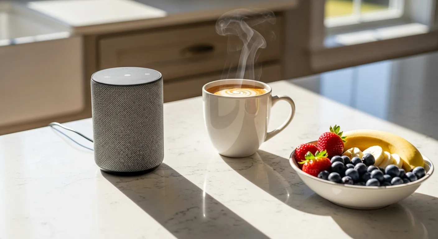 A smart speaker on a kitchen counter next to a coffee mug and fruit bowl in bright morning sunlight, evoking a positive daily start.
