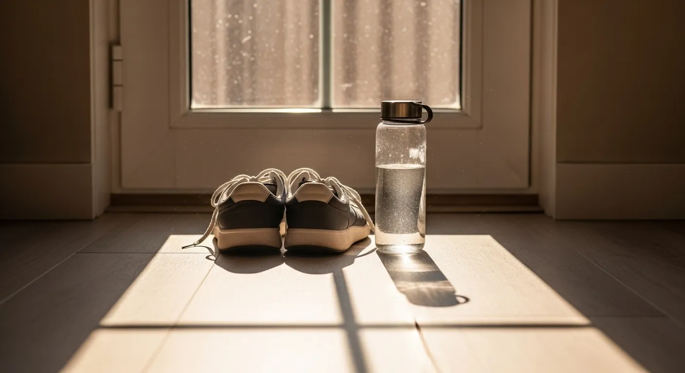 A pair of walking shoes and a water bottle sit on the floor by a door, illuminated by morning sun, ready for a walk.