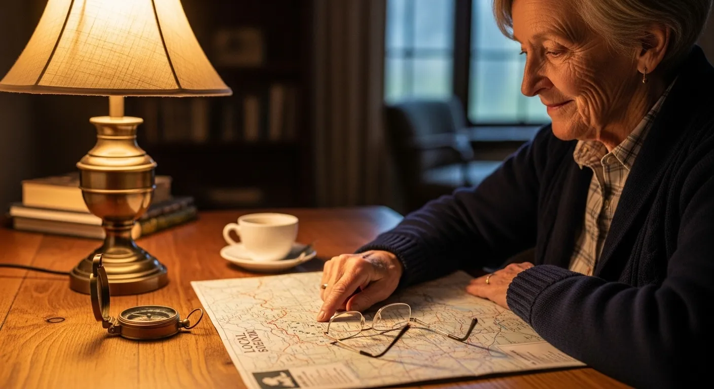 A senior with reading glasses smiles while looking at a trail map on a desk, illuminated by the warm light of a lamp.