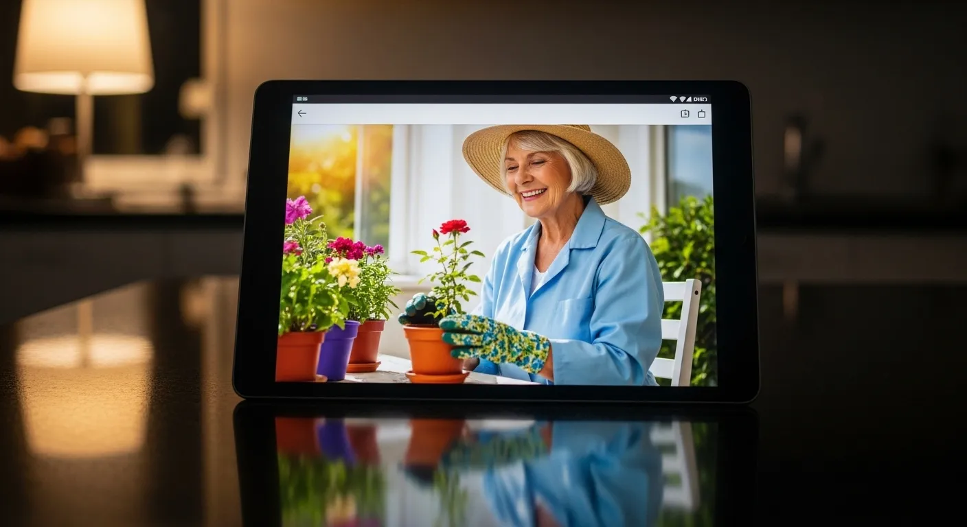 A close-up of a tablet on a kitchen counter. The screen shows a photo of a senior woman gardening.