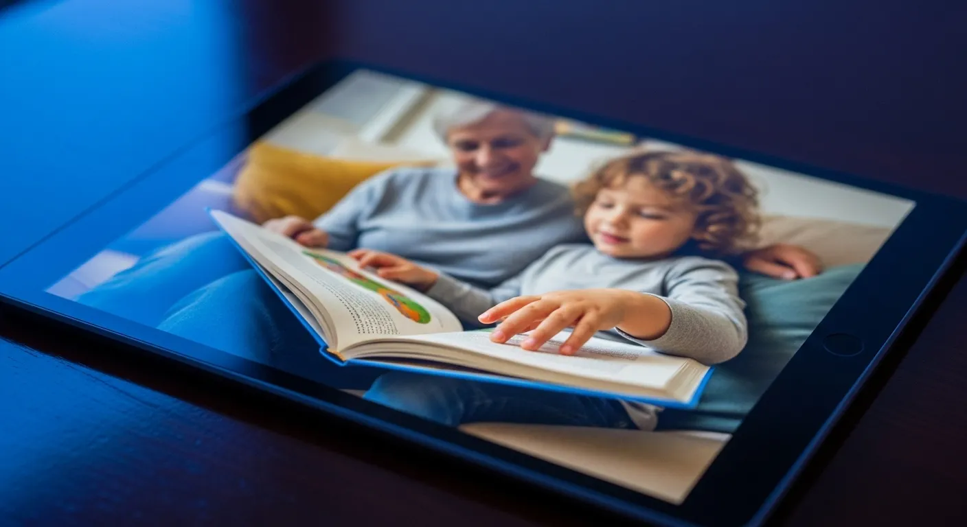 A macro photo of a tablet screen showing a picture of a grandparent and grandchild reading a book, with focus on the child's hand.