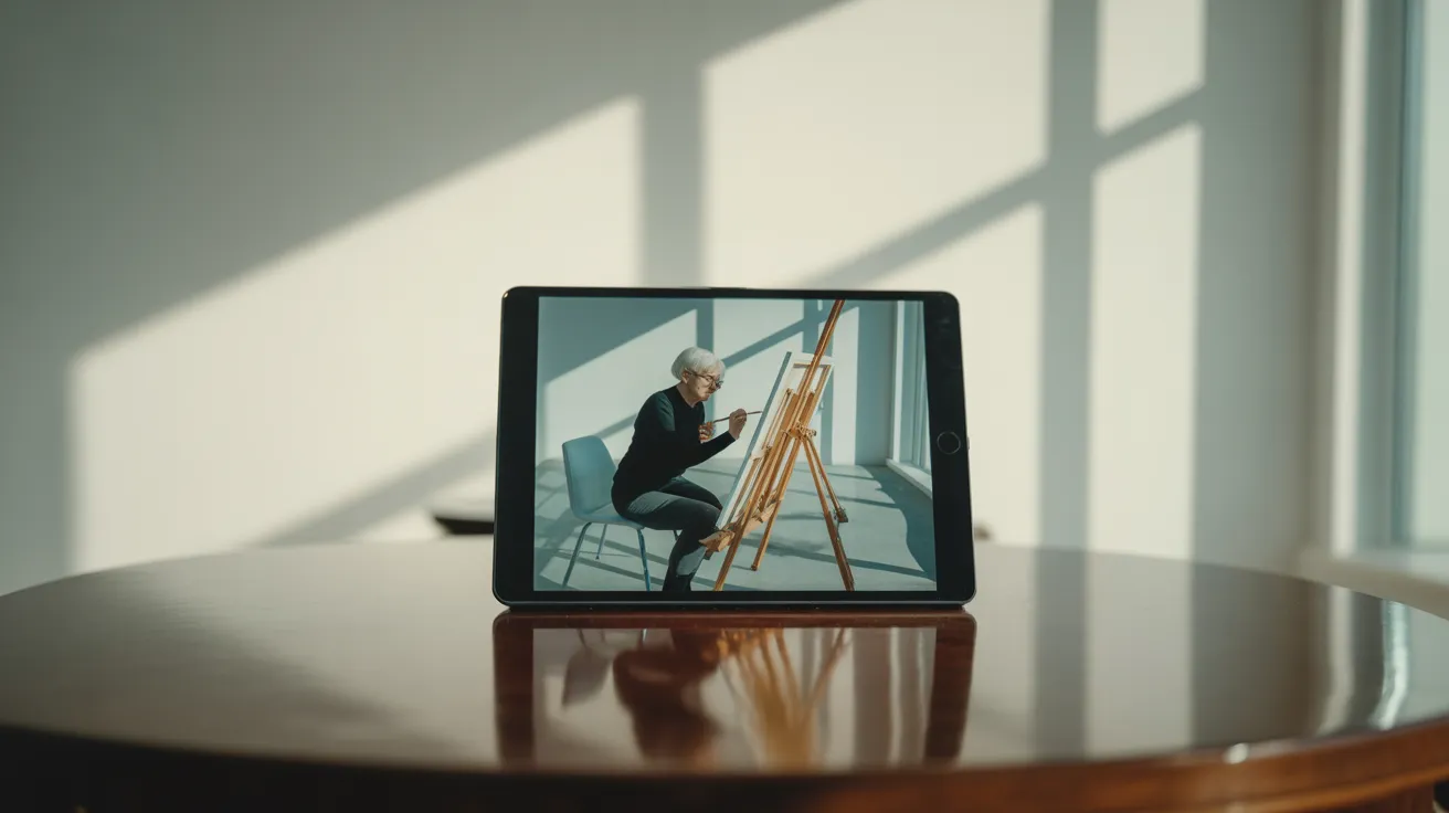 A tablet on a desk displays an ultra-wide photo of a senior woman painting in a studio with harsh midday sun.