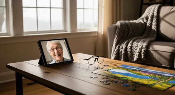 A tablet on a coffee table shows a senior's smiling face on a video call, placed next to reading glasses and a puzzle in a bright living room.