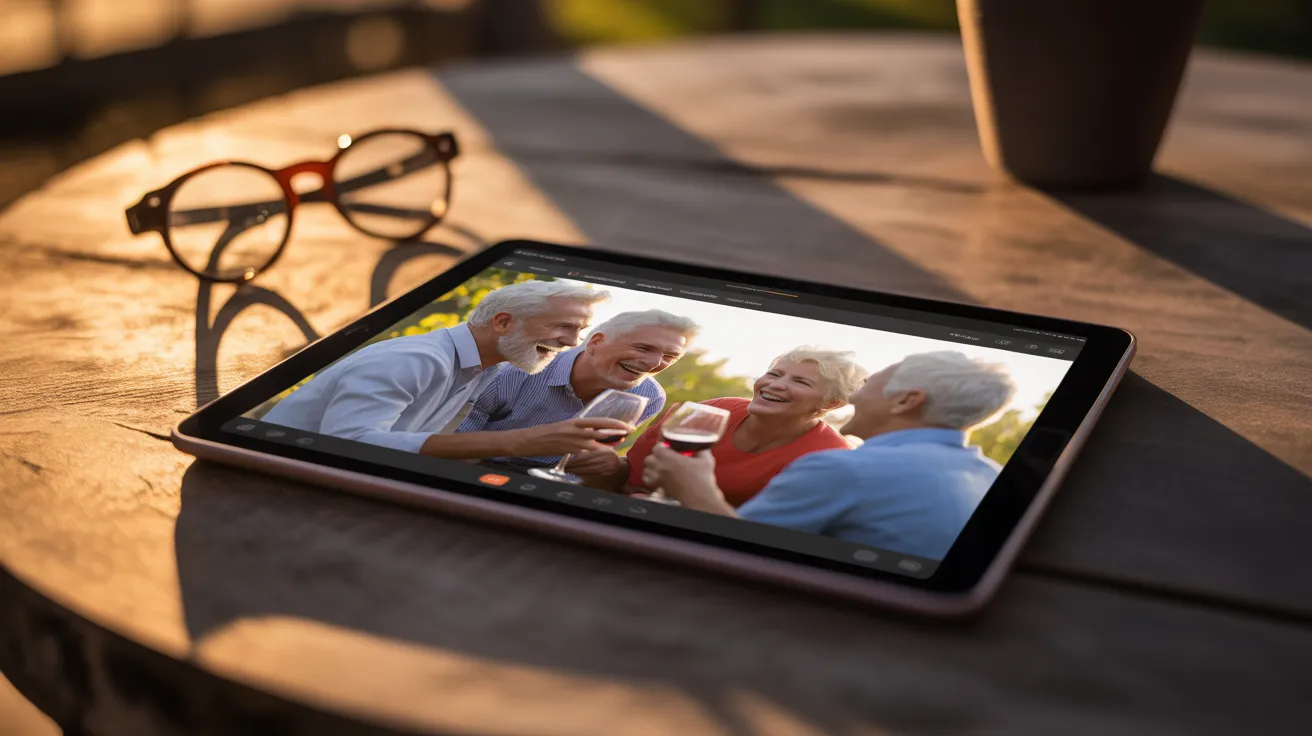 A tablet on an outdoor table at sunset displays a photo of older friends toasting. A pair of reading glasses lies next to the device.