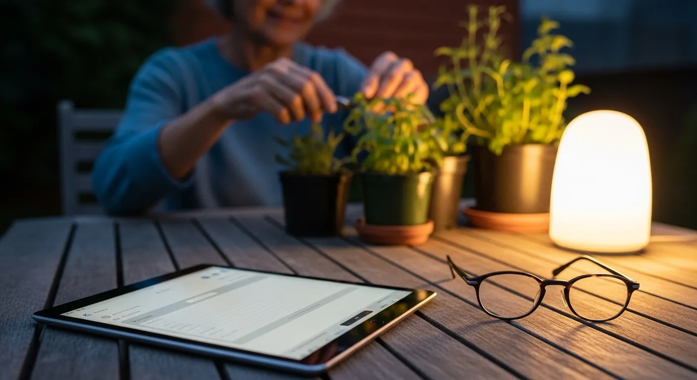 A tablet showing a blurred app rests on a patio table next to reading glasses, with a person gardening in the background at dusk.