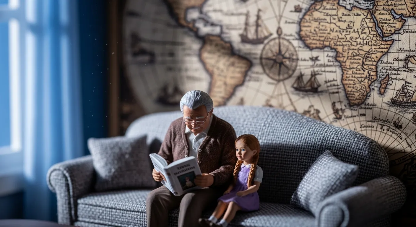 A close-up photo of a tiny diorama showing a grandparent and grandchild reading on a sofa at dusk, with a map on the wall behind them.