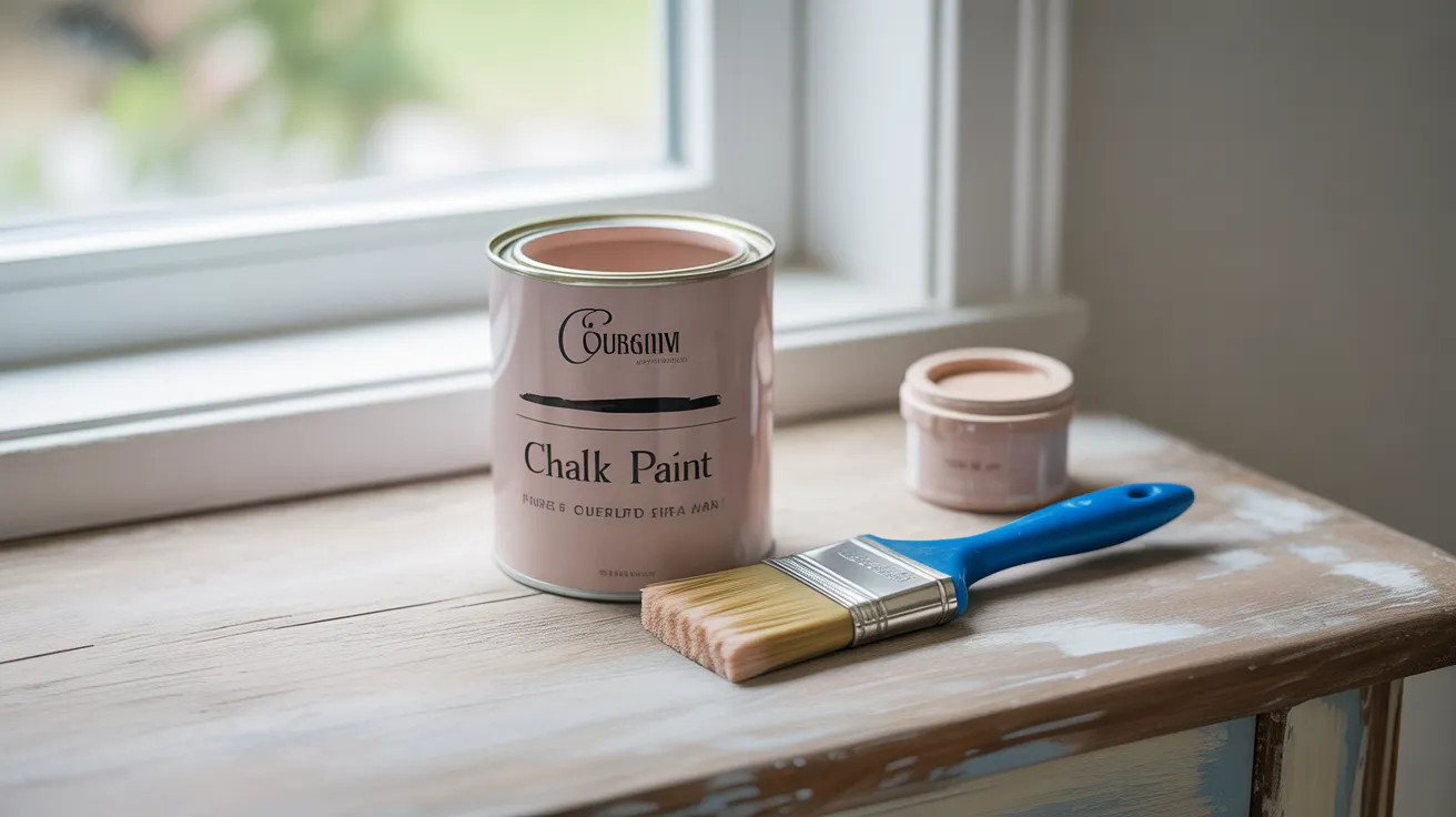 A can of chalk paint, a brush, and a pot of finishing wax arranged on a wooden workbench in bright daylight.