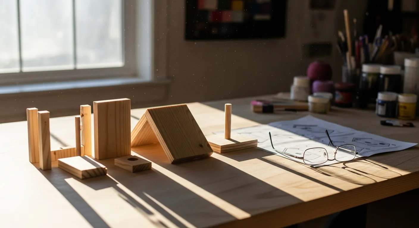 An unassembled birdhouse kit with wooden pieces laid out on a workbench, with reading glasses resting on the blurred instructions.