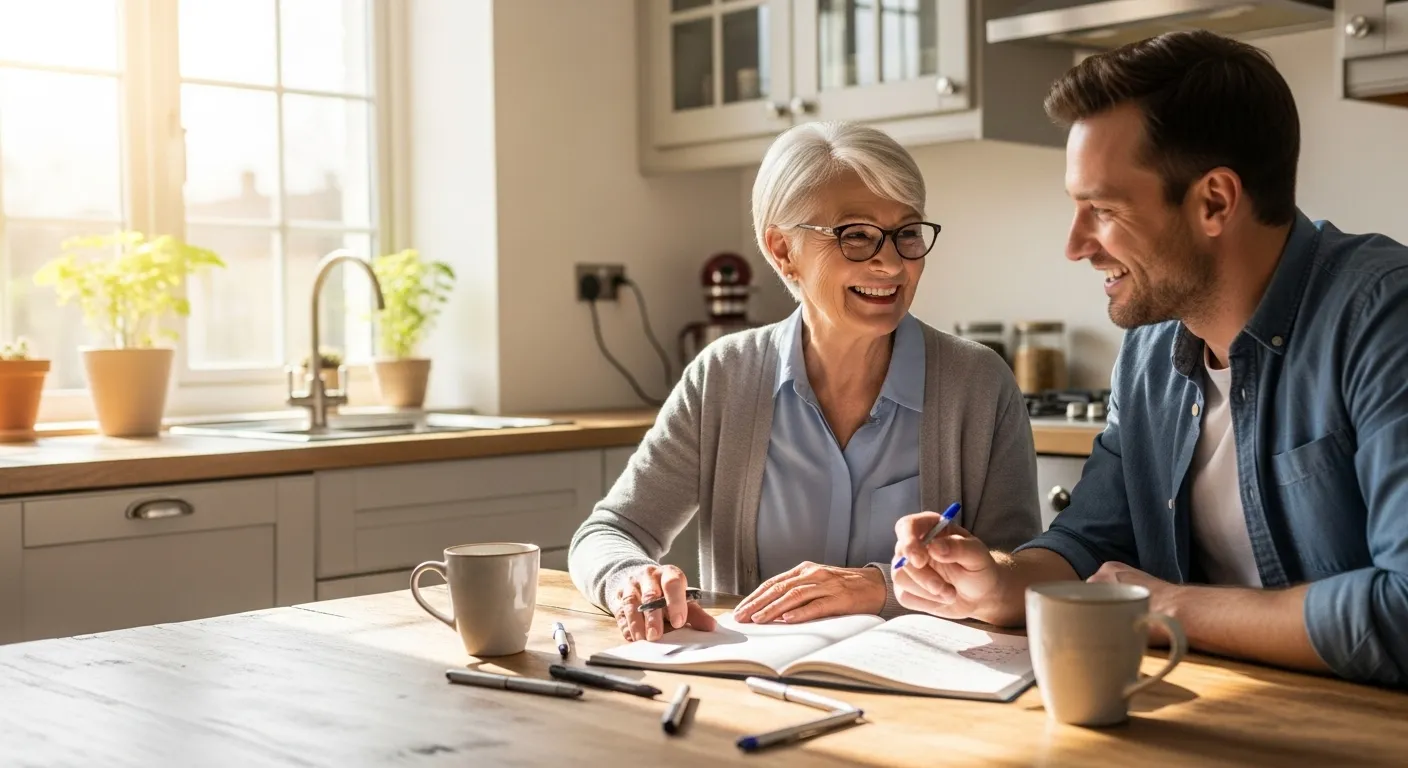 A senior woman and her adult son sit at a sunny kitchen table with a notebook, smiling as they prepare a list of questions for a doctor.