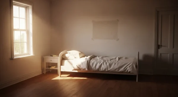 A sunlit, empty spare bedroom with a single bed and the faint outline of a removed poster on the wall, evoking a sense of nostalgia.