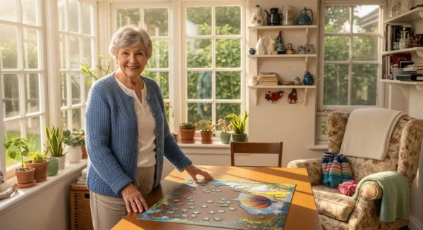 A smiling senior woman stands in a bright room next to a table with a jigsaw puzzle in progress, illuminated by natural window light.