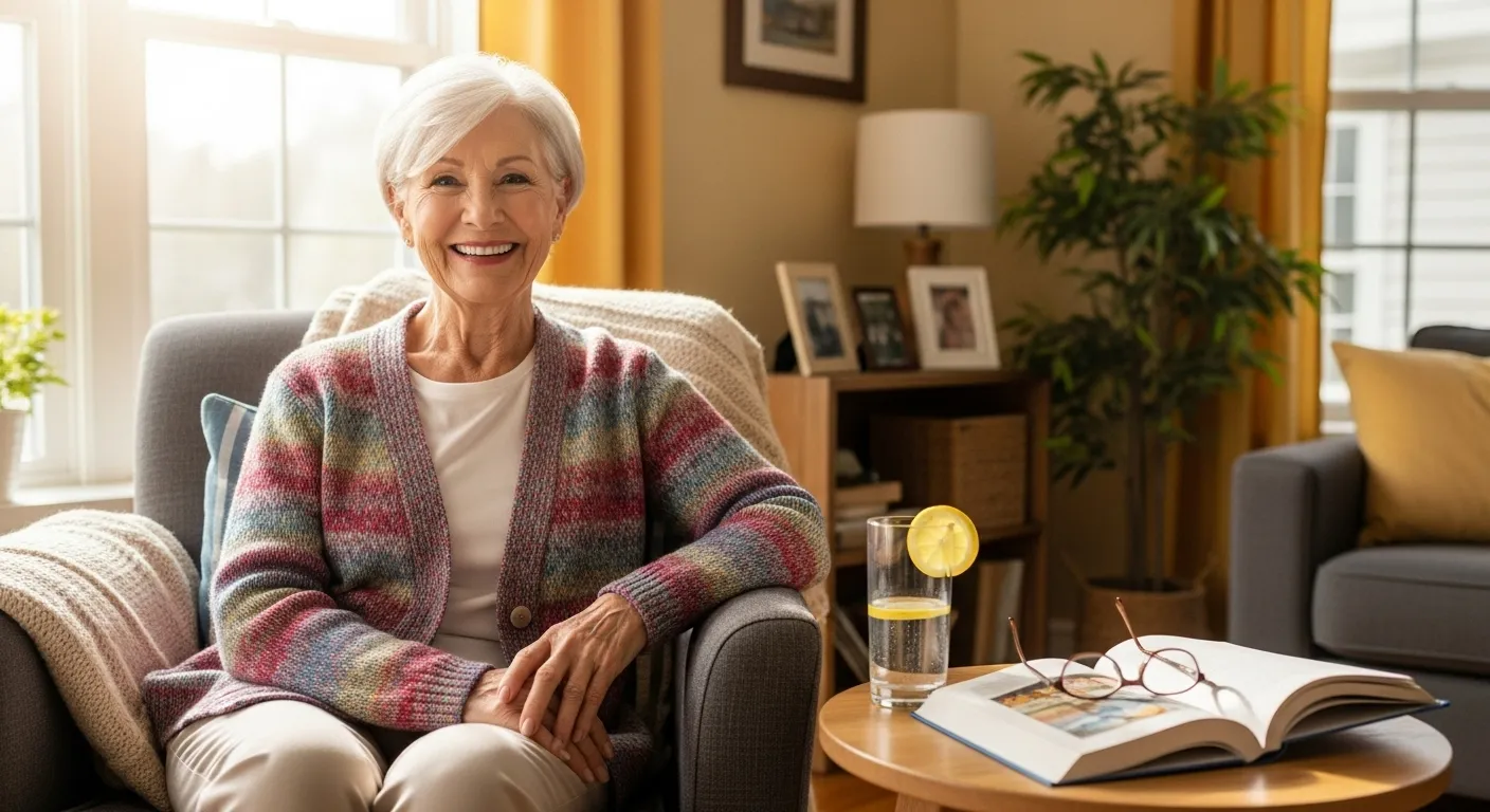 A smiling senior woman relaxes in an armchair by a window in a bright living room, a glass of water and a book on the table beside her.