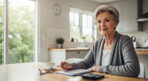 A senior woman smiles in her bright kitchen, sitting at a table with a planner and calculator, looking financially secure and happy.