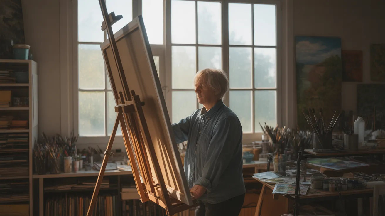 A senior artist paints at an easel in a bright studio. Harsh sunlight creates strong shadows across the room, which is filled with art supplies.